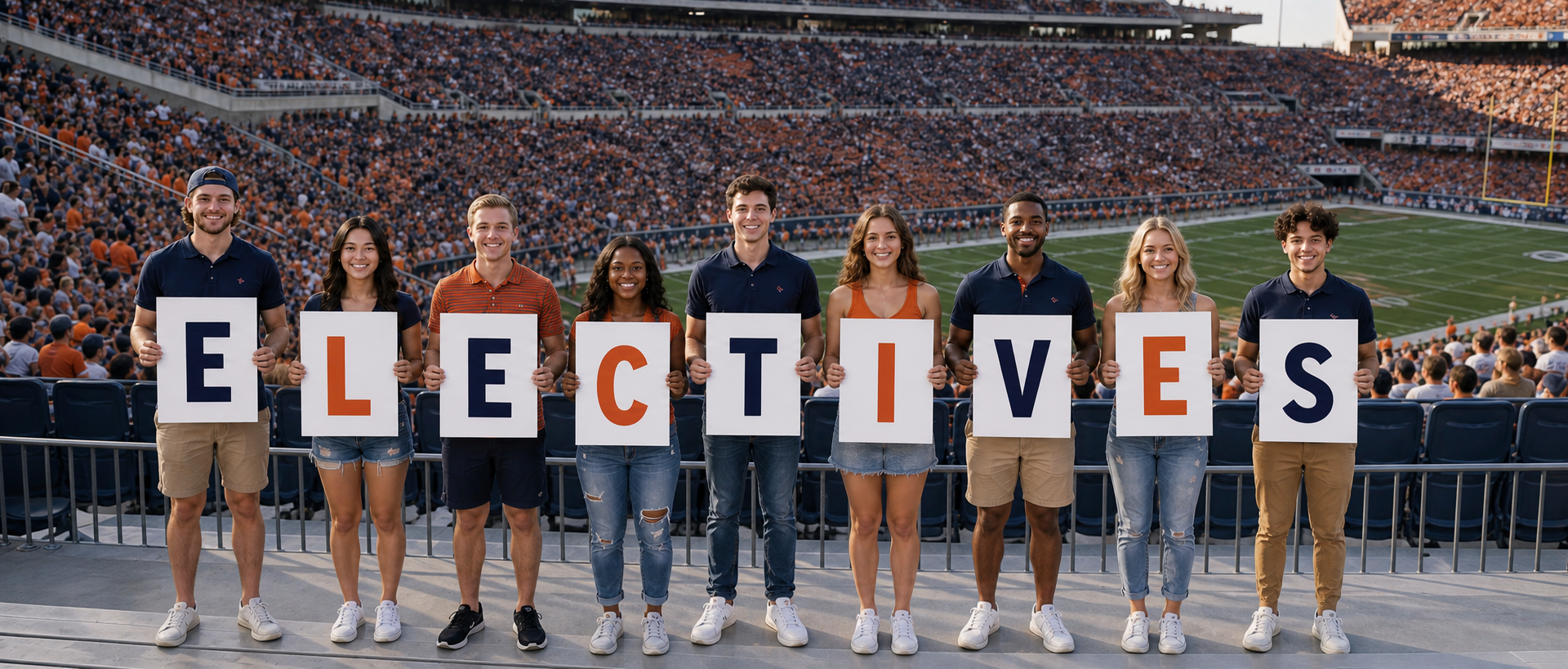 Fans holding signs spelling Electives in Auburn colors