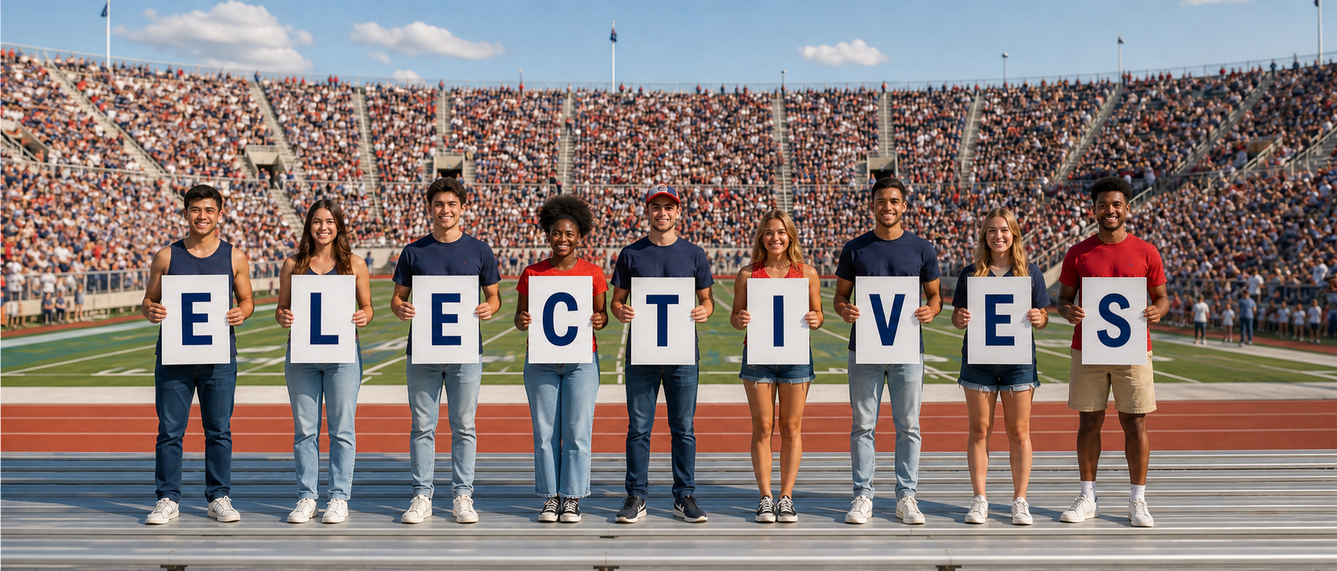 Fans holding signs spelling Electives in Oxford colors